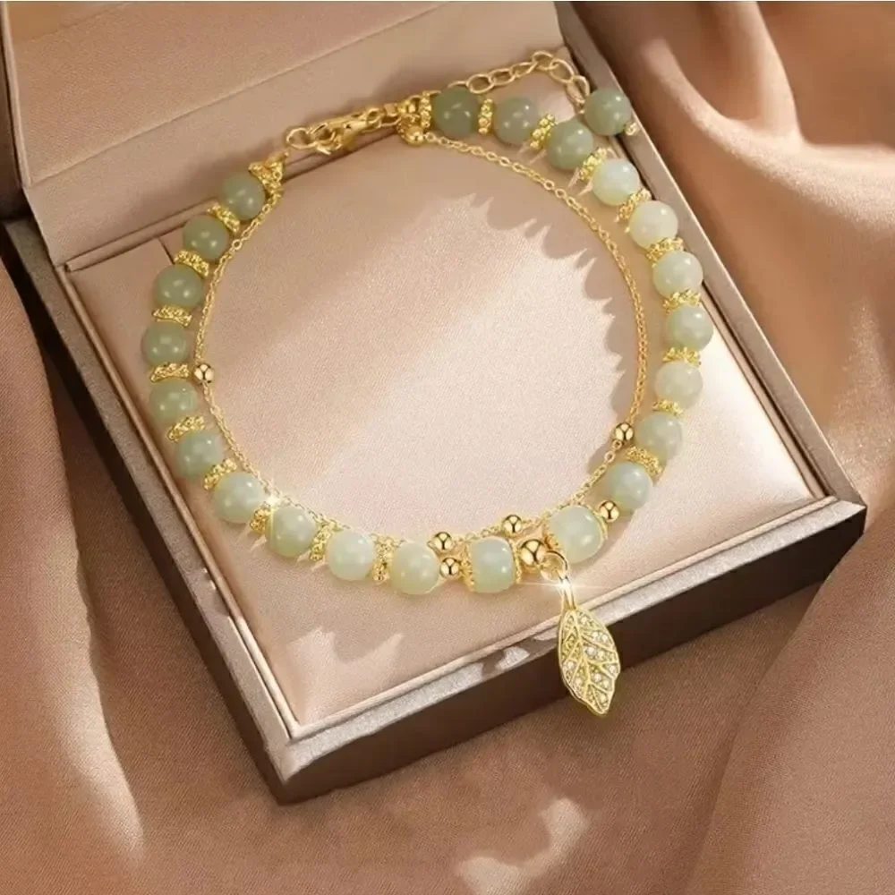 Double-Layer Green Jade Beaded Bracelet with Sparkling Golden Leaf Charm